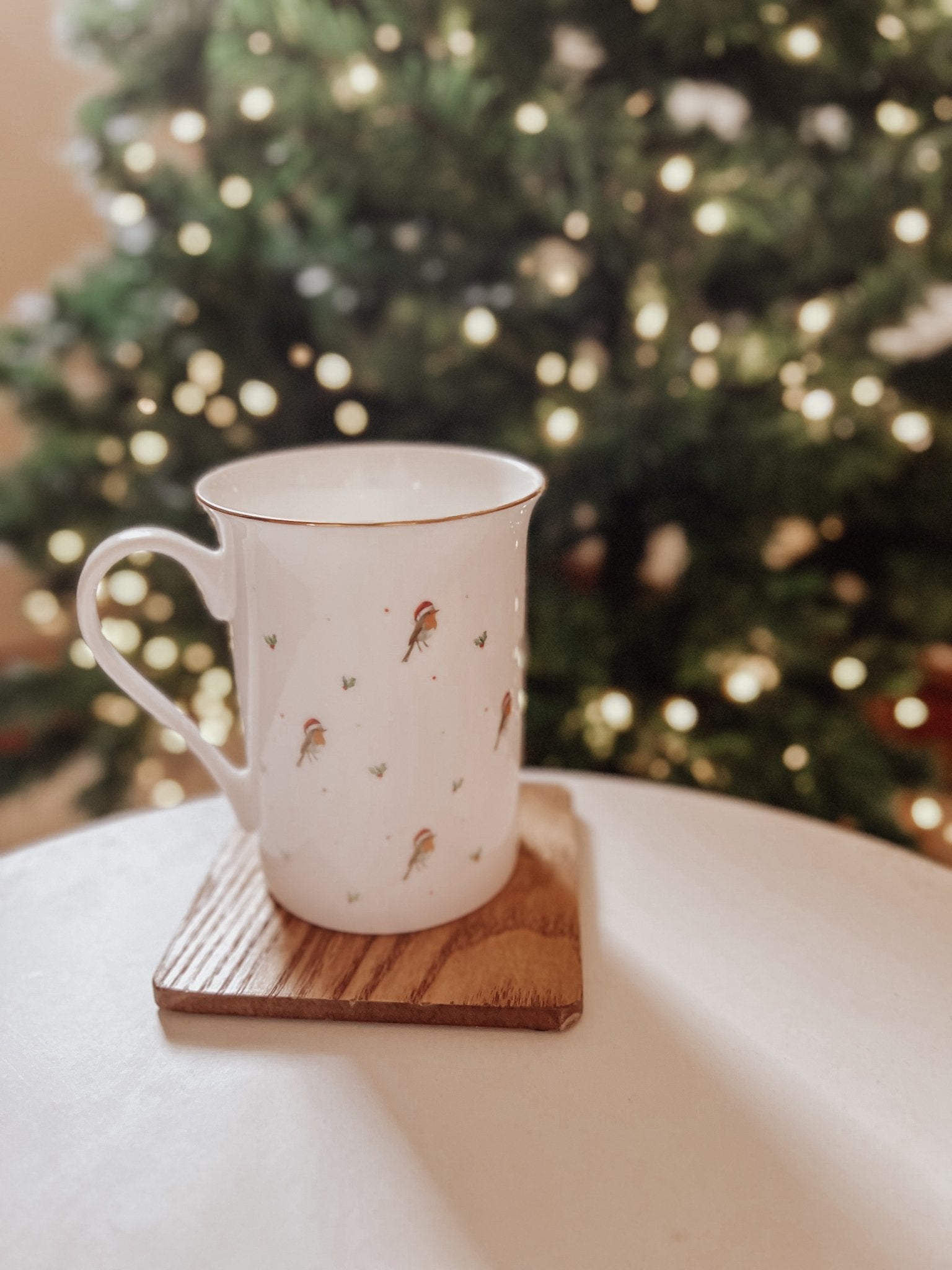 Patterned Christmas Robin Bone China Mug - FADED PRINT - Birdie Barn