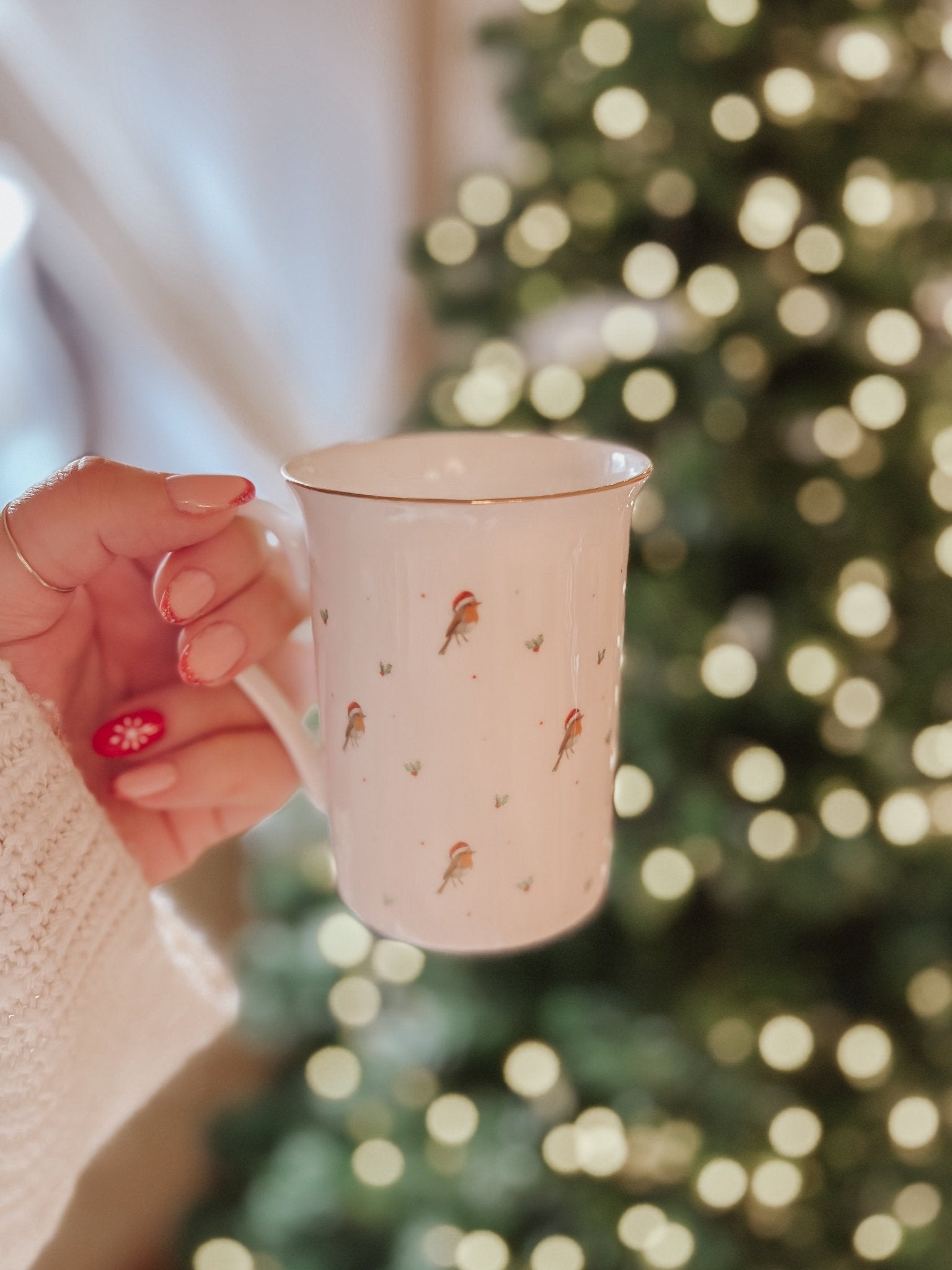 Patterned Christmas Robin Bone China Mug - FADED PRINT - Birdie Barn