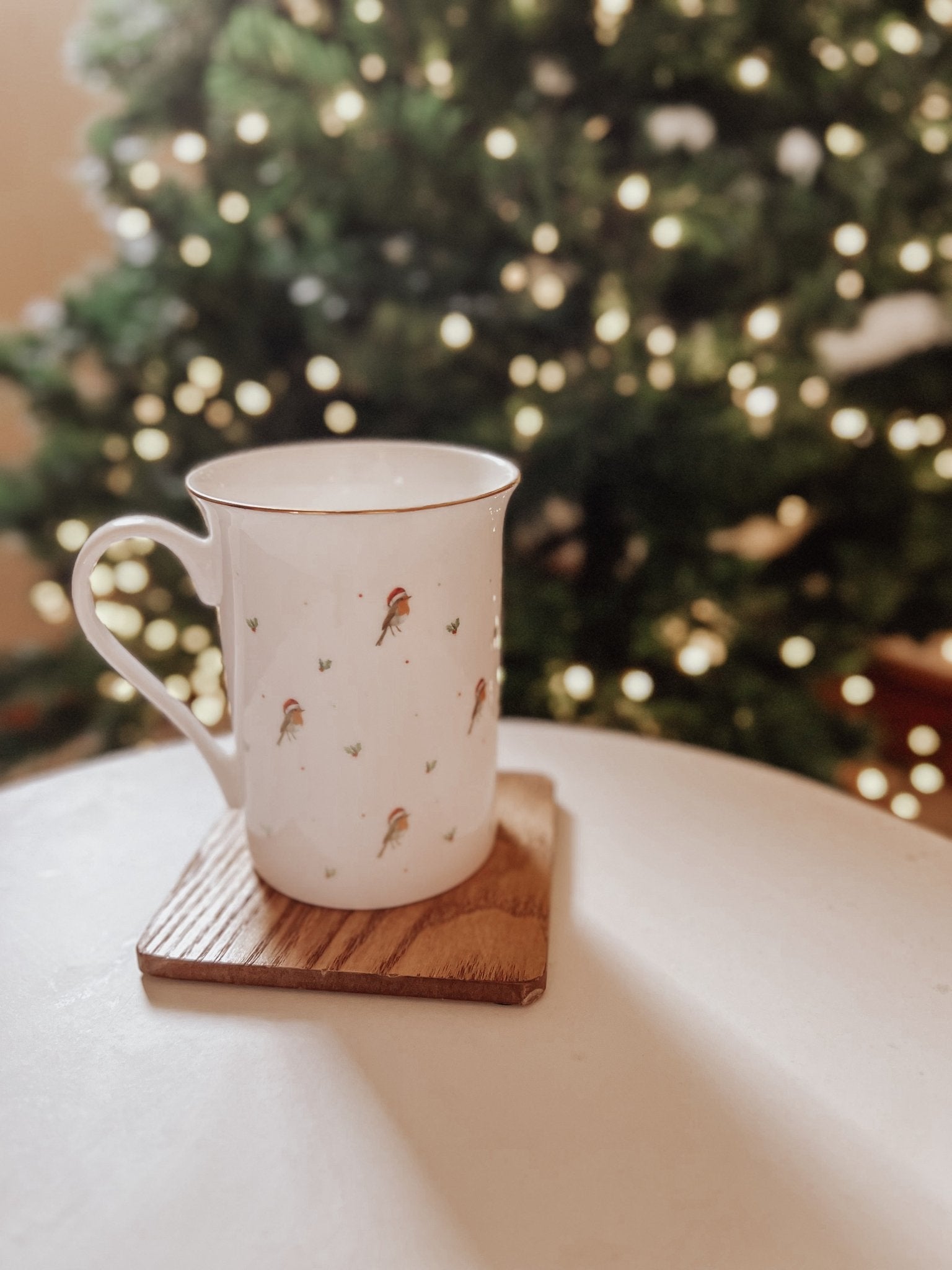 Patterned Christmas Robin Bone China Mug - FADED PRINT - Birdie Barn