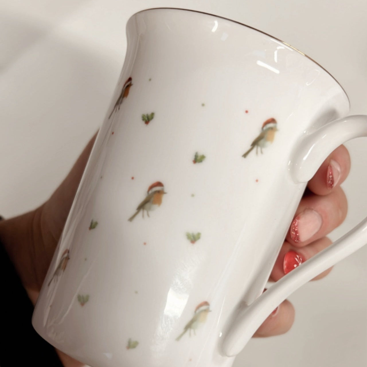 Patterned Christmas Robin Bone China Mug - FADED PRINT - Birdie Barn